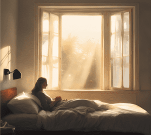 Mujer descansando en una cama con luz tenue entrando por la ventana en una habitación tranquila
